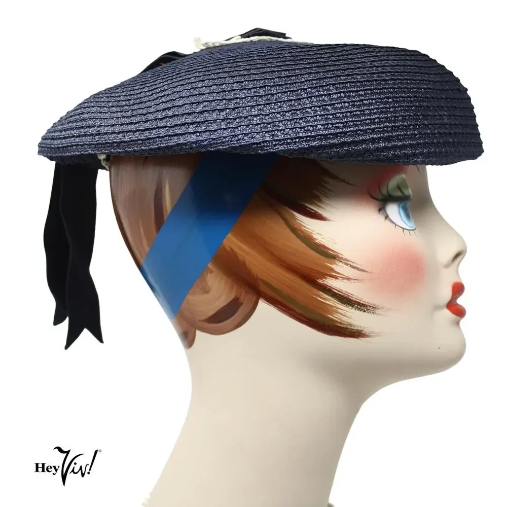 Vintage Marche Exclusive Navy Wide Straw Hat w Lace Ribbon Church Tea - Hey Viv - Picture 3 of 9